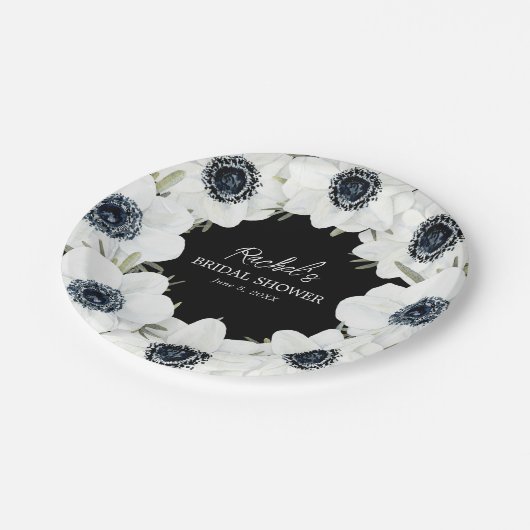 Assiettes En Carton Mariage Fleurs noires et blanches (Angle)