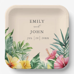 Assiettes En Carton Mariage Fleurs Tropicales Aquarelle Élégante Pêche