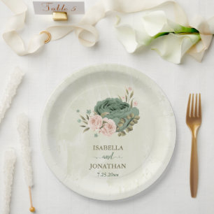 Assiettes En Carton mariage fleurs vert sauge