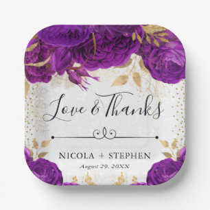 Assiettes En Carton Mariage Fleurs Violet et Or Aquarelle