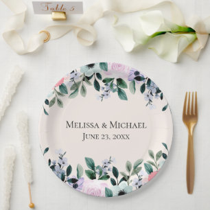 Assiettes En Carton Mariage floral aquarelle rose violet et vert