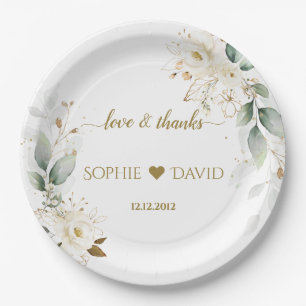 Assiettes En Carton Mariage floral blanc aquarelle or