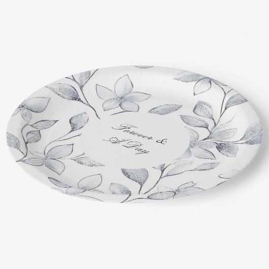 Assiettes En Carton Mariage floral blanc argenté (Angle)