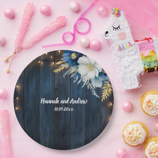 Assiettes En Carton Mariage Floral blanc en bois bleu rustique (Fête)