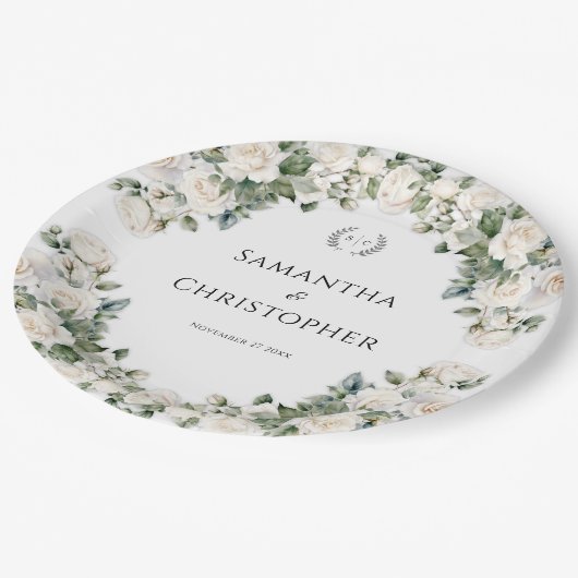 Assiettes En Carton Mariage floral blanc et vert (Angle)