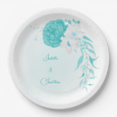 Assiettes En Carton mariage floral blanc turquoise (Devant)
