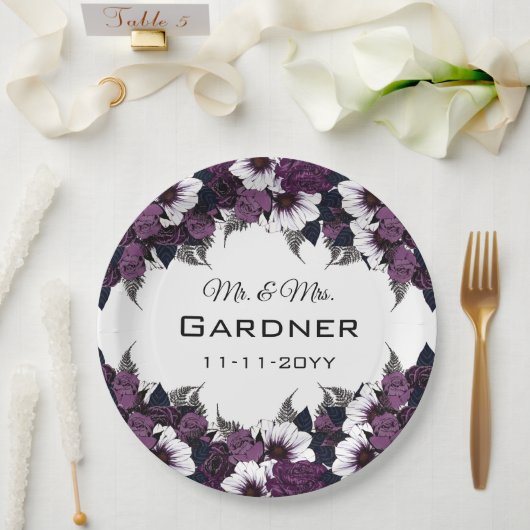 Assiettes En Carton Mariage floral blanc violet moderne (Mariage)