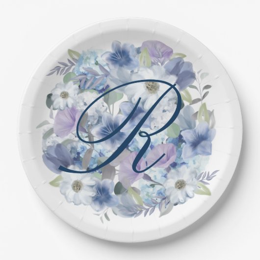 Assiettes En Carton Mariage Floral bleu et lavande (Devant)