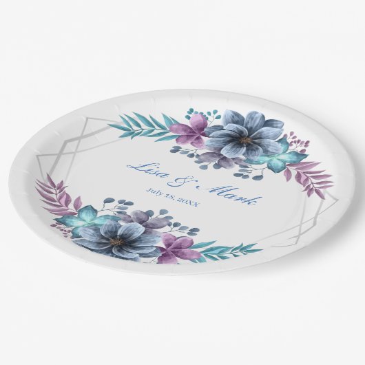 Assiettes En Carton Mariage Floral Bleu Et Violet (Angle)