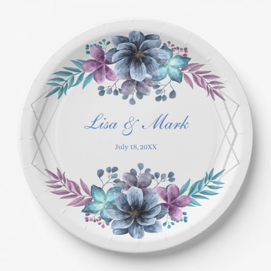 Assiettes En Carton Mariage Floral Bleu Et Violet (Devant)