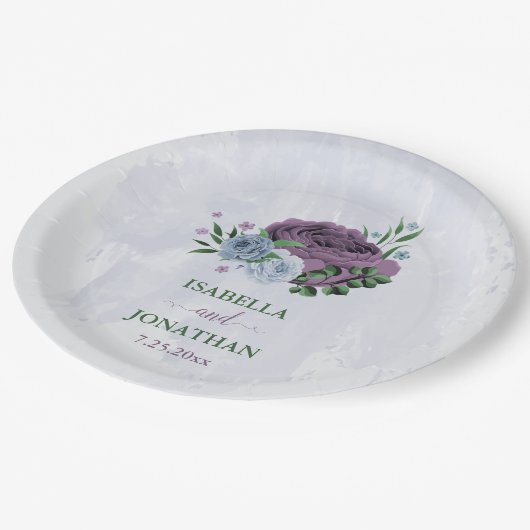 Assiettes En Carton Mariage floral bleu pourpre (Angle)