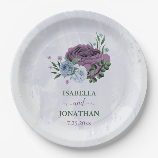 Assiettes En Carton Mariage floral bleu pourpre (Devant)