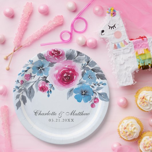 Assiettes En Carton Mariage floral bleu romantique (Fête)