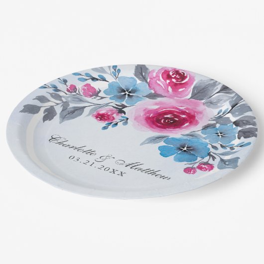 Assiettes En Carton Mariage floral bleu romantique (Angle)