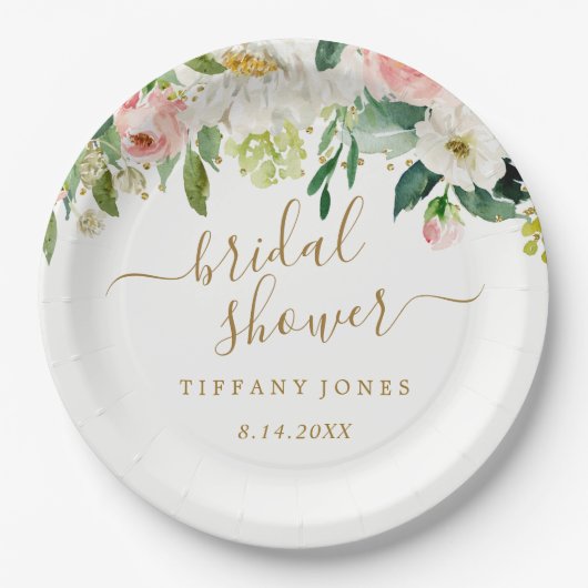 Assiettes En Carton Mariage Floral Blush Or Rose Confetti (Devant)