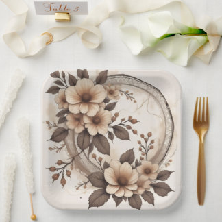 Assiettes En Carton Mariage floral botanique sépia vintage carré