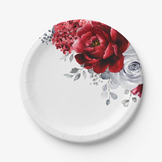 Assiettes En Carton Mariage floral brillant rouge blanc argenté métall (Devant)