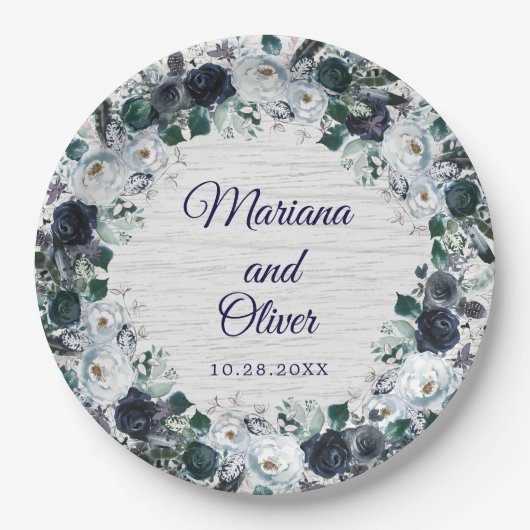 Assiettes En Carton Mariage floral de la marine Blue Boho (Devant)