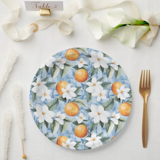 Assiettes En Carton Mariage Floral d'été aux Oranges Siciliennes Blanc (Mariage)
