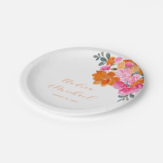 Assiettes En Carton Mariage floral d'été rose et orange vif (Angle)