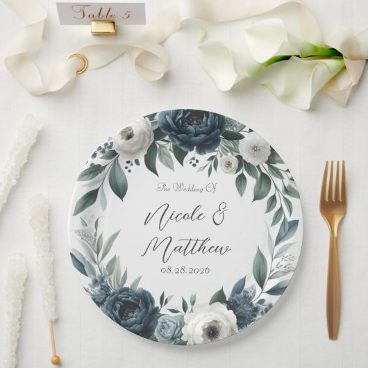Assiettes En Carton Mariage floral d'ivoire élégant bleu marine et arg (Mariage)