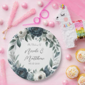 Assiettes En Carton Mariage floral d'ivoire élégant bleu marine et arg (Fête)