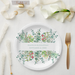 Assiettes En Carton Mariage Floral Elégant Verdure Aquarelle Noms