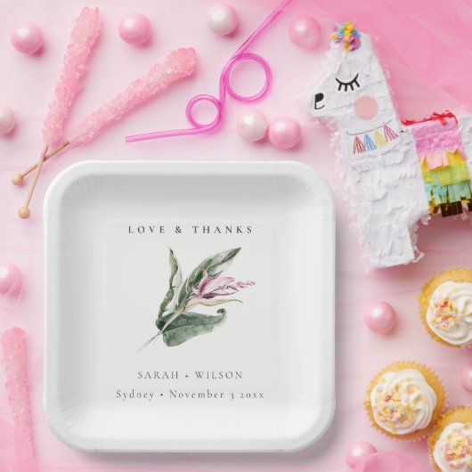 Assiettes En Carton Mariage floral feuillu rose tropical chic (Fête)