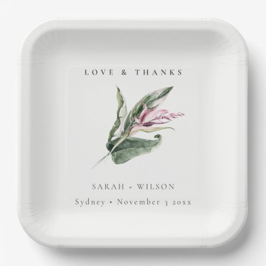 Assiettes En Carton Mariage floral feuillu rose tropical chic (Recto)