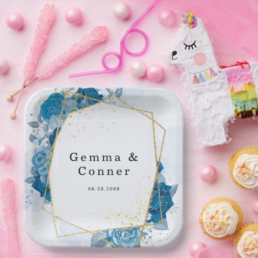 Assiettes En Carton Mariage Floral Géométrique Rustique Bleu Cyan (Fête)