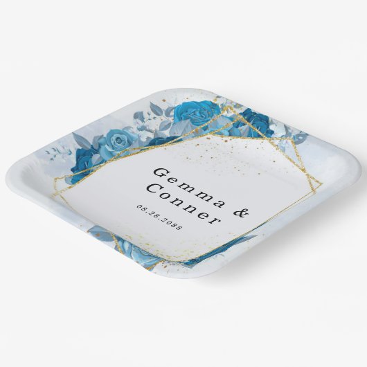 Assiettes En Carton Mariage Floral Géométrique Rustique Bleu Cyan (Angulaire)