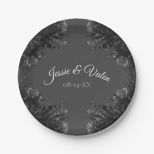 Assiettes En Carton Mariage floral gris et noir (Devant)