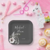 Assiettes En Carton Mariage floral gris foncé et blanc (Fête)