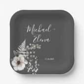 Assiettes En Carton Mariage floral gris foncé et blanc (Recto)