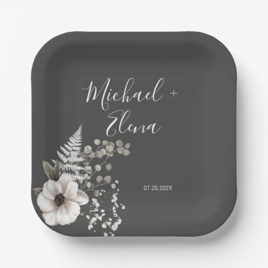 Assiettes En Carton Mariage floral gris foncé et blanc (Recto)
