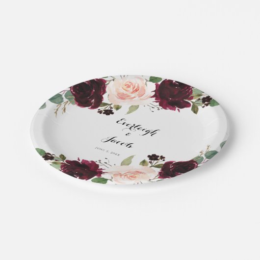 Assiettes En Carton Mariage floral rose de Bourgogne (Angle)