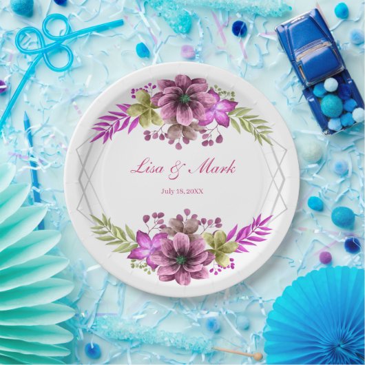 Assiettes En Carton Mariage Floral Rose Et Vert Aquarelle (Fête)