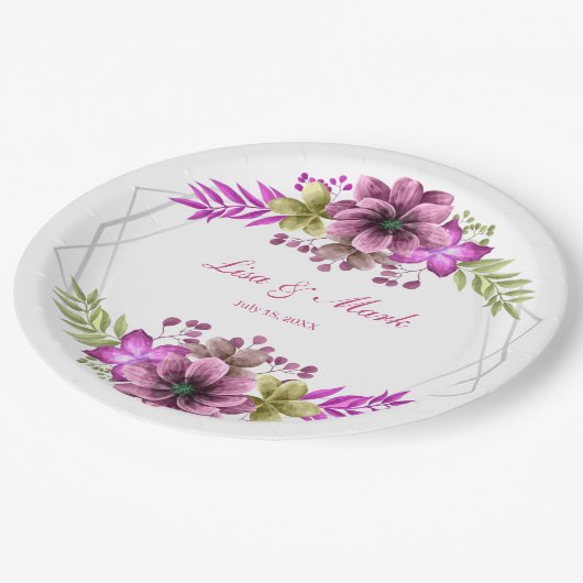Assiettes En Carton Mariage Floral Rose Et Vert Aquarelle (Angle)