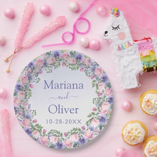 Assiettes En Carton Mariage floral rose pourpre (Fête)