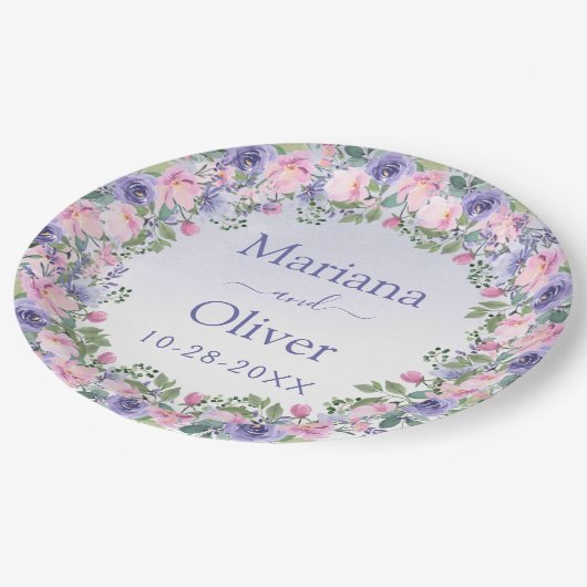 Assiettes En Carton Mariage floral rose pourpre (Angle)