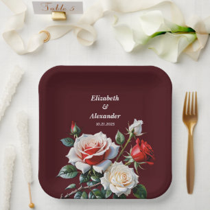 Assiettes En Carton Mariage floral rose rose foncé