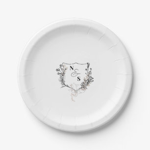 Assiettes En Carton Mariage Formel Monogramme à Crête Florale Noir/Bla