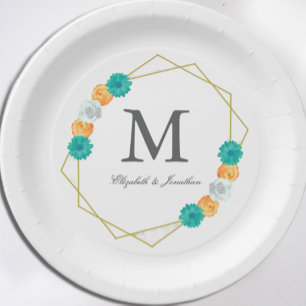 Assiettes En Carton Mariage géométrique Turquoise orange