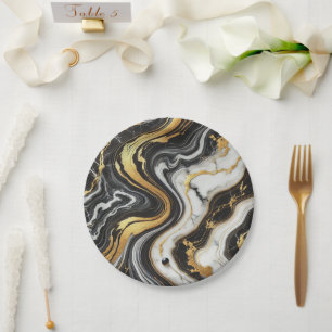 Assiettes En Carton Mariage Glam Or Liquide Aspect Marbre Noir Blanc 