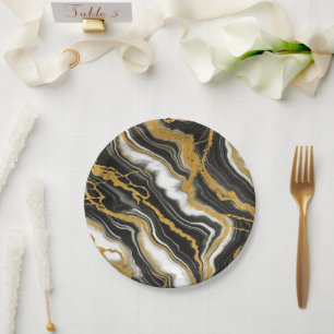 Assiettes En Carton  Mariage Glamour Aspect Marbre Noir Blanc Or Chic 