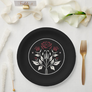 Assiettes En Carton Mariage gothique élégant avec squelette de roses n