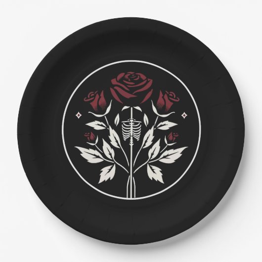 Assiettes En Carton Mariage gothique élégant avec squelette de roses n (Devant)