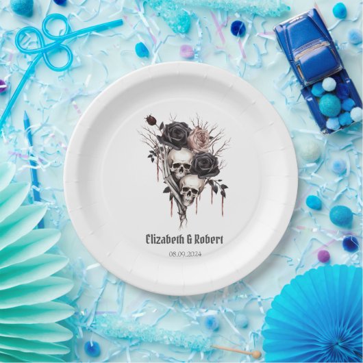 Assiettes En Carton Mariage gothique noir Rose crânes (Fête)