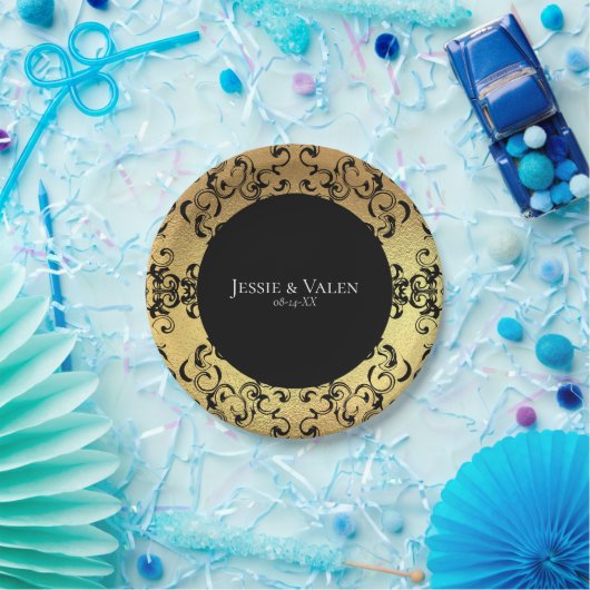 Assiettes En Carton Mariage gothique or et noir (Fête)