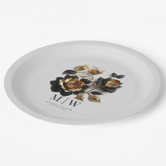 Assiettes En Carton Mariage gothique Rose d'or noir (Angle)